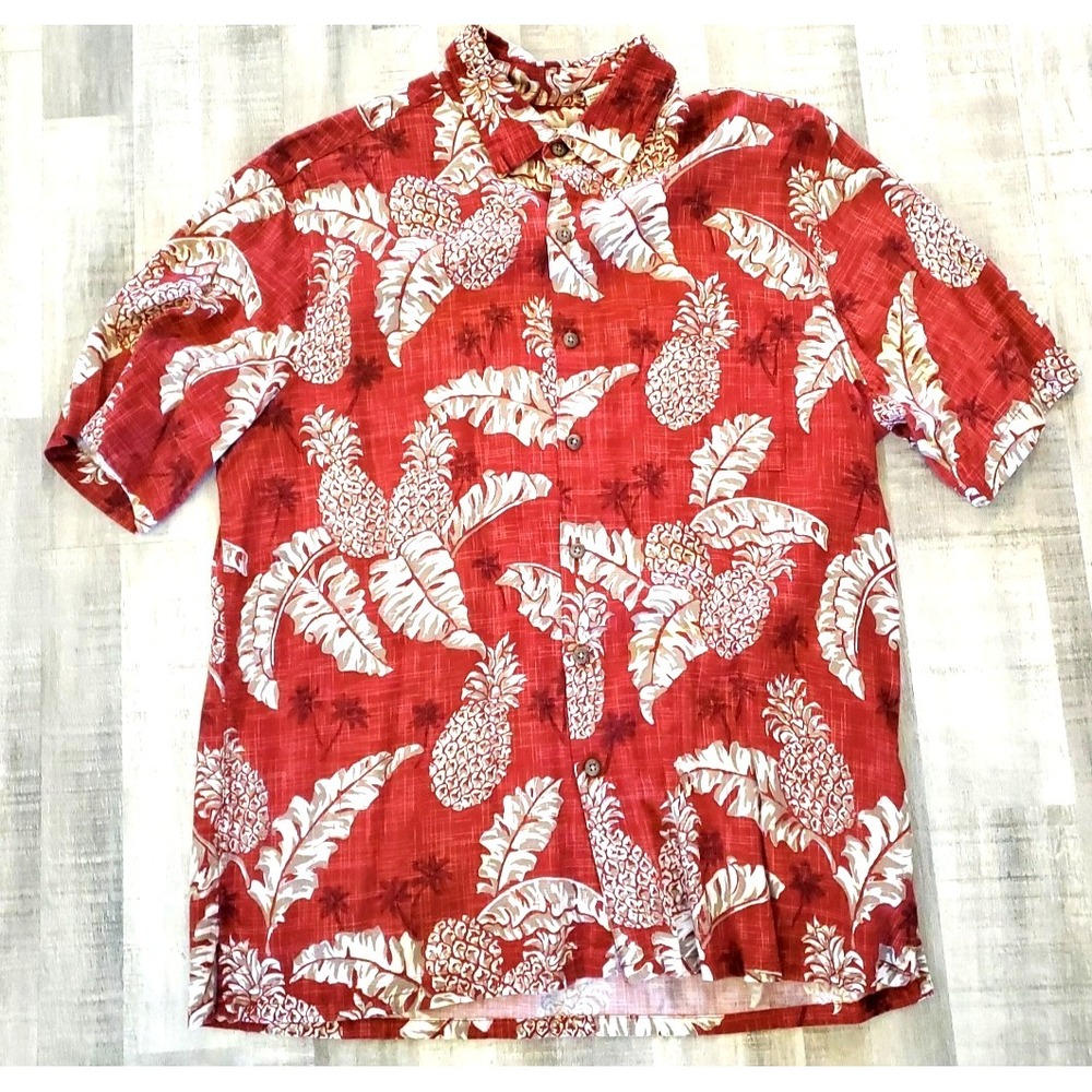 Batek Bay Mens Hawaiian Aloha Shirt Large Button Red Floral All over Print AOP